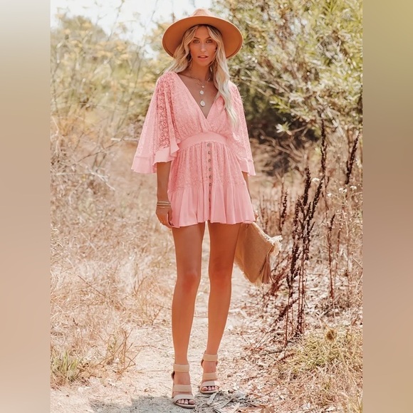 NWT-Bohemian Lace Dress w/ Deep Neck and Batwing - Picture 3 of 8